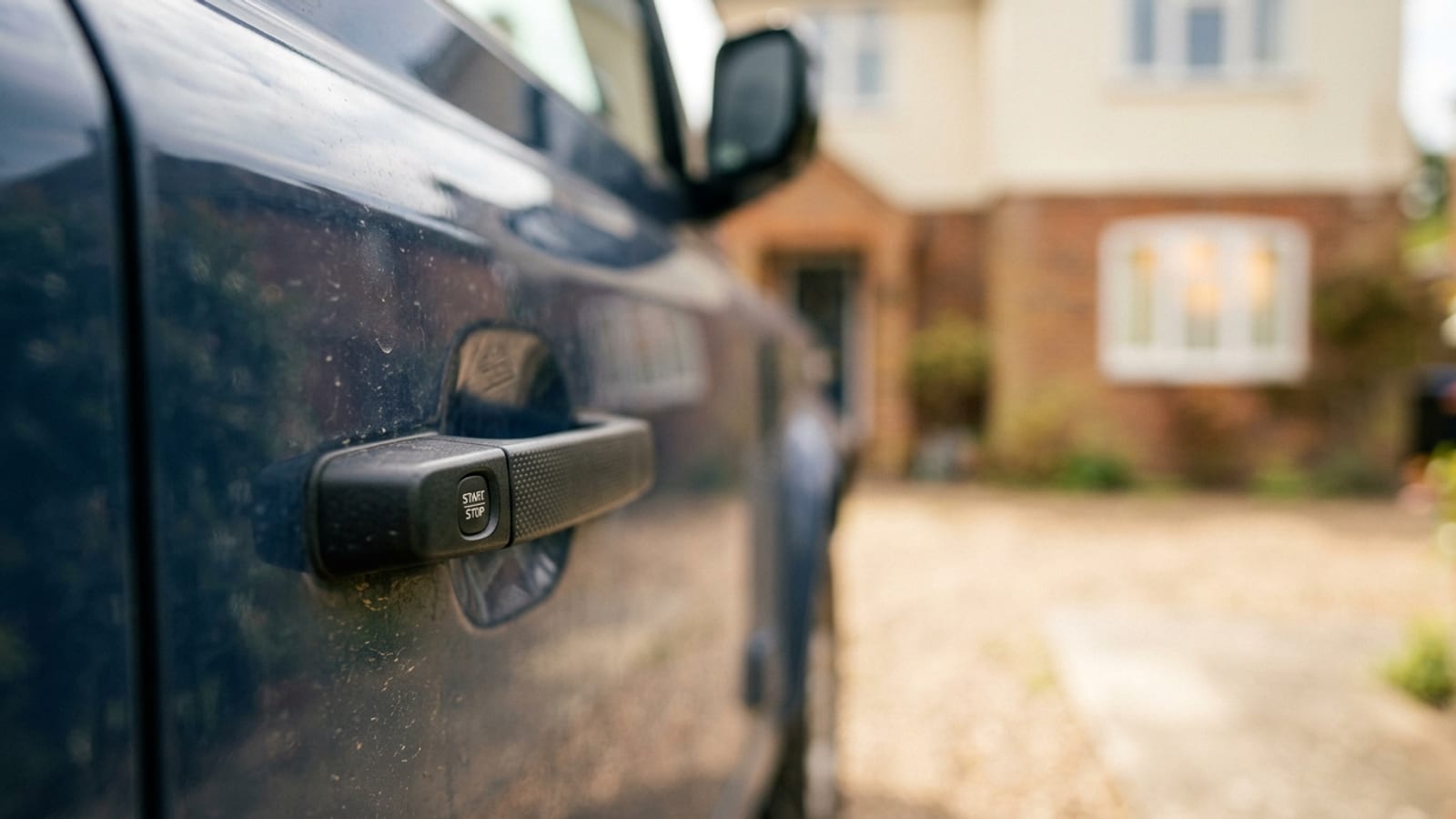 Keyless door handle with a start-stop button, on a car parked on a residential driveway